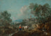 Italianate landscape painting with peasants driving livestock near a stream, a city in the distance - Francesco Zuccarelli — artwork view