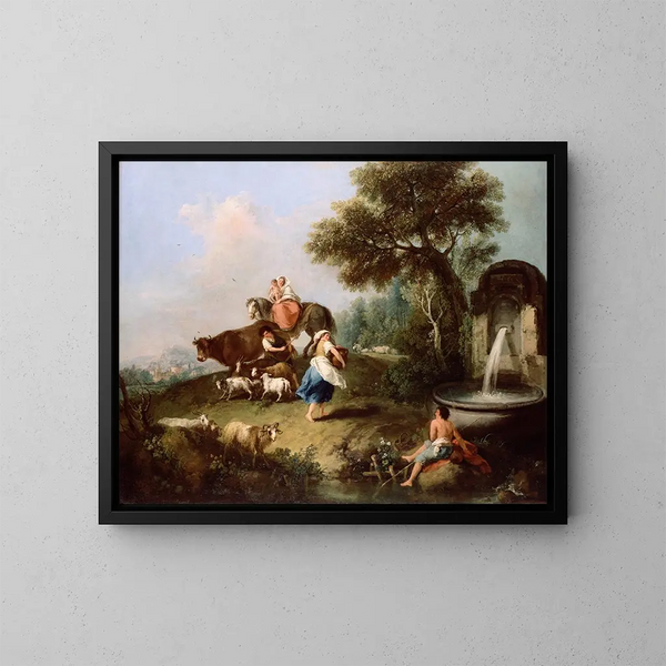 Landscape painting with a fountain, figures, and animals - Francesco Zuccarelli — framed artwork on a wall