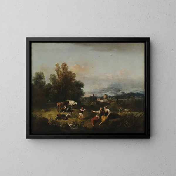 Landscape with the Milkmaid - Francesco Zuccarelli — framed artwork on a wall