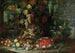 Een omgekeerde fruitschaal, bloemen en groenten met een slinger vol aardbeien in een villa tuin - Francesco della Questa — weergave van het kunstwerk