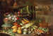Bloemen, fruit en groenten met paddenstoelen naast een fontein in de tuin van een villa - Francesco della Questa — weergave van het kunstwerk