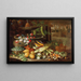 Bloemen, fruit en groenten met paddenstoelen naast een fontein in de tuin van een villa - Francesco della Questa — ingelijst kunstwerk aan de muur