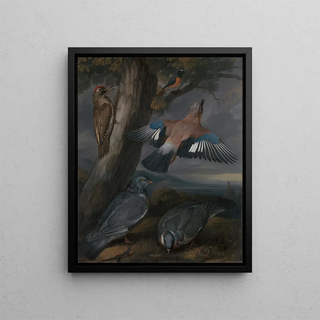Francis Barlow - Jay Green Woodpecker Pigeons and Redstart Landscape with a Green Woodpecker a Jay Two Pigeons a Redstart a Lizard and Two Frogs.webp