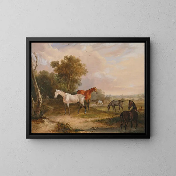 Horses Grazing a Gray Stallion with Mares in a Field - Francis Calcraft Turner — framed artwork on a wall