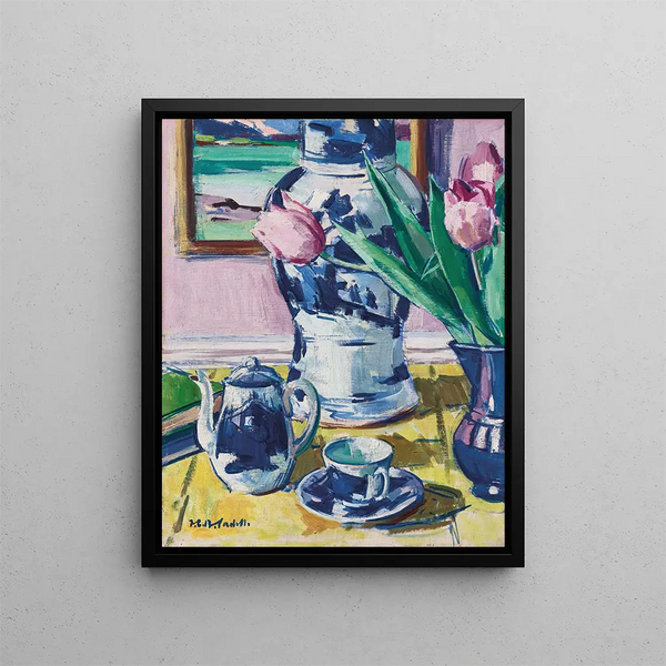 Still life with tulips and Iona - Francis Campbell Boileau Cadell — framed artwork on a wall