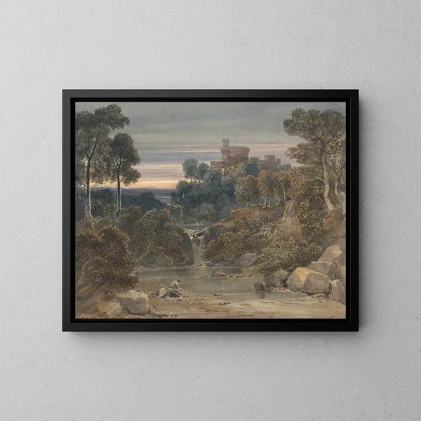 Landscape painting with castle, waterfall, and stream in the foreground - Francis Oliver Finch — framed artwork on a wall