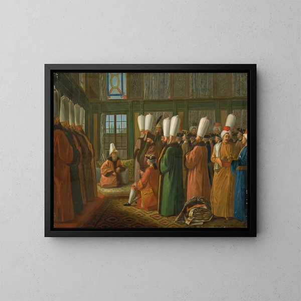 De grote vizier die een audiëntie geeft aan de Engelse ambassadeur - Francis Smith — ingelijst kunstwerk aan de muur