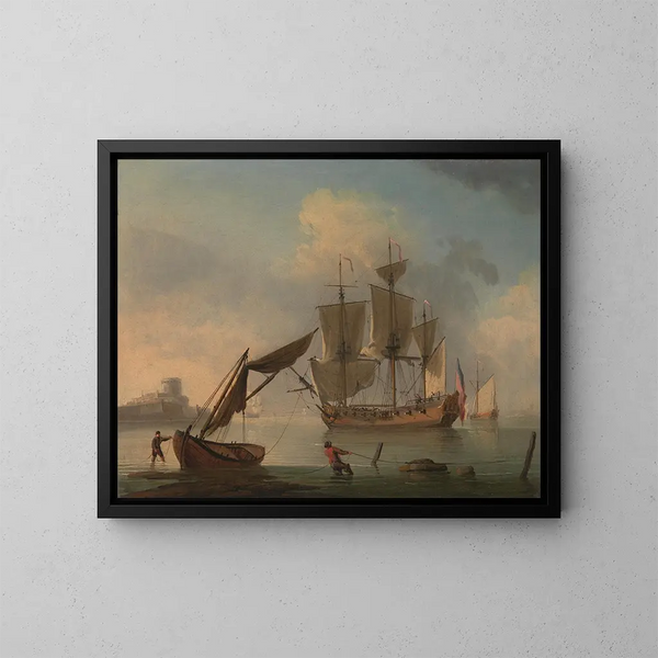 an English sloop at rest near the coast - Francis Swaine — framed artwork on a wall