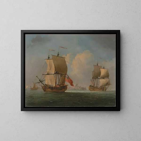 An English sloop and a frigate in a light breeze - Francis Swaine — framed artwork on a wall