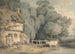 Landschap met personages bij een poort van een cottage en vee in een beek - Francis Wheatley — weergave van het kunstwerk