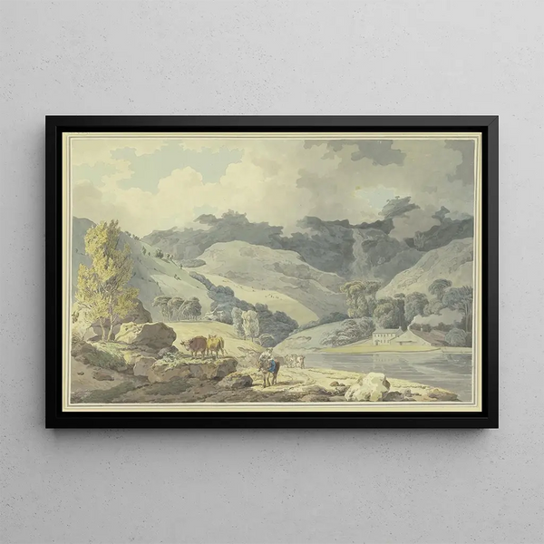 Francis Wheatley - Gebirgslandschaft auf dem Weg ein Mdchen zu Pferde links zwei Khe.webp