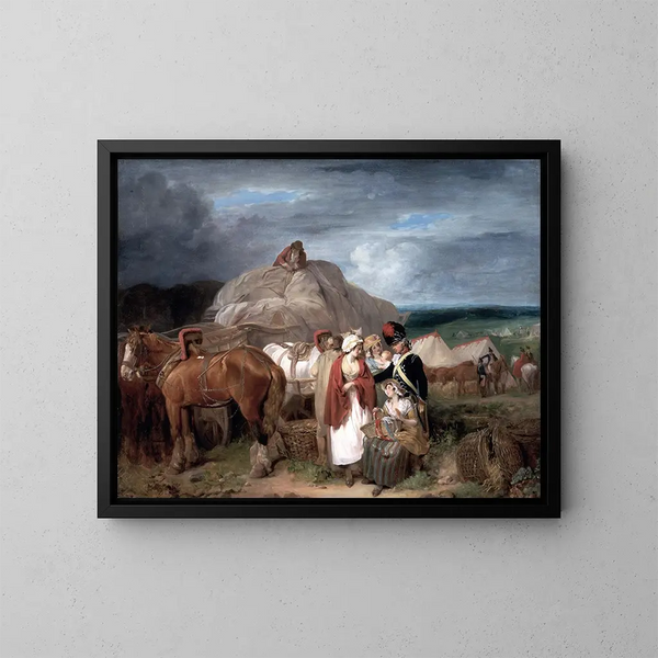 Soldat avec des femmes de campagne vendant des rubans près d'un camp militaire - Francis Wheatley — framed artwork on a wall