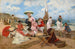 van vrouwen in elegante kleding op het strand met een hond - Francisco Miralles y Galup — weergave van het kunstwerk