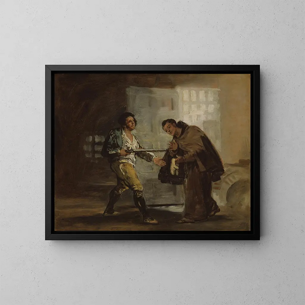 Le frère Pedro offre des chaussures à El Maragato et se prépare à écarter son arme. - Francisco de Goya — ingelijst kunstwerk aan de muur