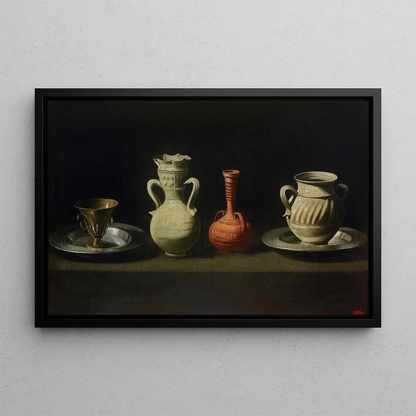 Still life with four vessels - Francisco de Zurbarán — framed artwork on a wall