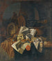 Een stilleven van vergankelijkheid met een schedel, een schild, een zandloper, boeken en papieren op een tafel - Franciscus Gijsbrechts — weergave van het kunstwerk
