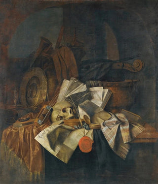 Franciscus Gijsbrechts - A Vanitas Still Life With A Skull A Shield An Hour Glass Books And Papers On A Tabletop.webp