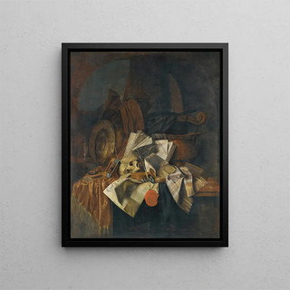 Franciscus Gijsbrechts - A Vanitas Still Life With A Skull A Shield An Hour Glass Books And Papers On A Tabletop.webp