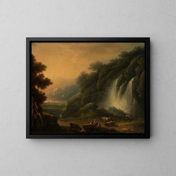 Mountain landscape painting with a waterfall and characters - Franciszek Ksawery Lampi — framed artwork on a wall