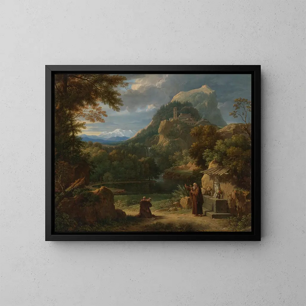 Saint Antoine de Padoue presenting two novices to brothers in a mountainous landscape - François-Xavier Fabre — framed artwork on a wall