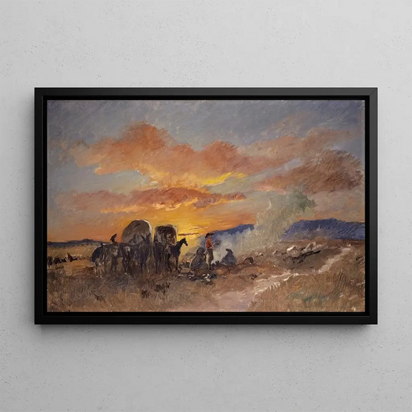 Fire of the camp at sunrise in the plains of Laramie - Frank Buchser — framed artwork on a wall