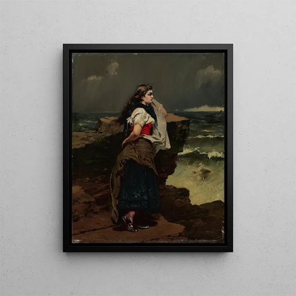 Girl fishing by the sea - Frank Buchser — framed artwork on a wall