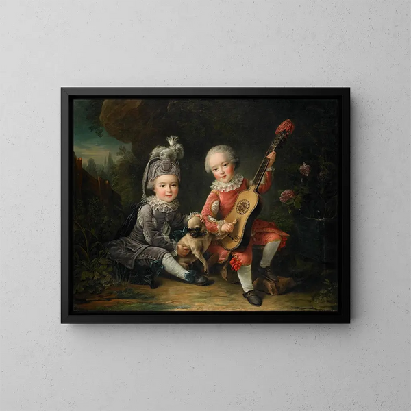 The portraits of M. de Bthune's children playing with a dog - François-Hubert Drouais — framed artwork on a wall