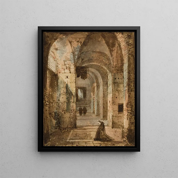 Hermit kneeling under vaults - François-Marius Granet — framed artwork on a wall