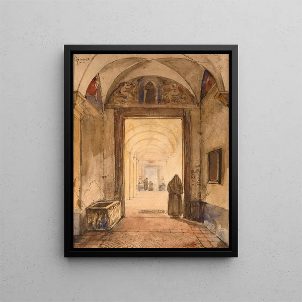 Interior of the cloister with a sarcophagus - François-Marius Granet — framed artwork on a wall