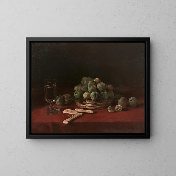 Composition au panier de reines-claudes, aux biscuits et au verre de vin - François Bonvin — framed artwork on a wall
