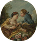 Een jonge vrouw en een jonge man die jonge vogels in een kooi plaatsen. De vogelbroeders - François Boucher — weergave van het kunstwerk