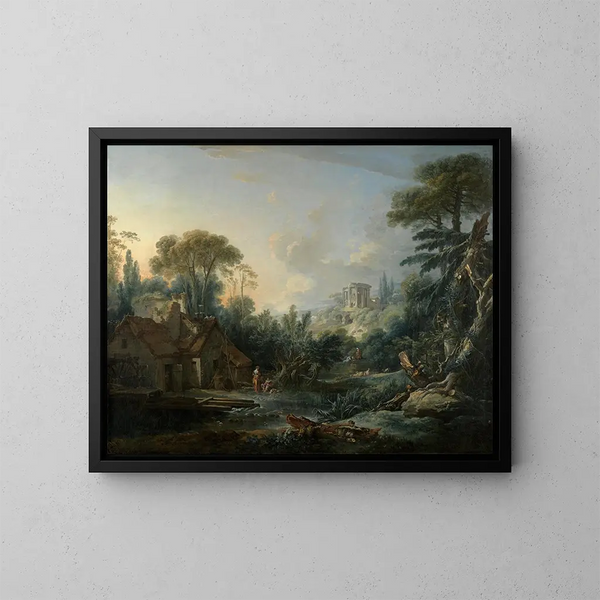 Landschap met een watermolen - François Boucher — ingelijst kunstwerk aan de muur