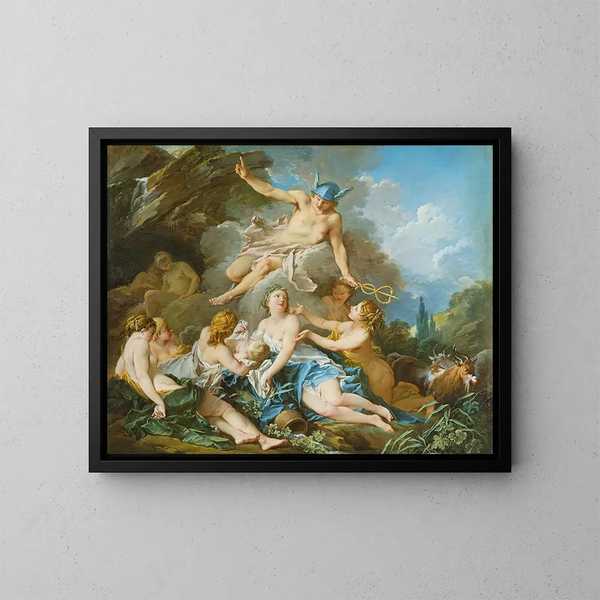 Mercure die de jonge Bacchus vertrouwt aan de nimfen - François Boucher — ingelijst kunstwerk aan de muur