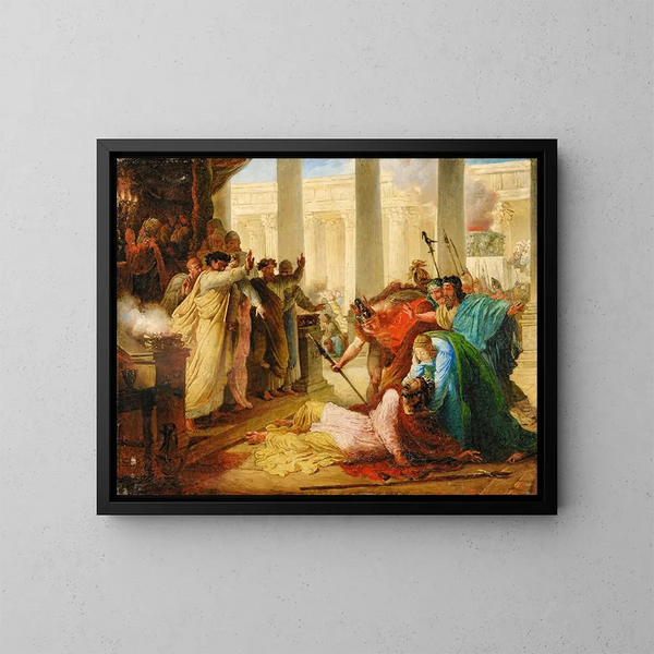 Ptolemy Philopator struck by death while desecrating the temple of Jerusalem - François Joseph Heim — framed artwork on a wall