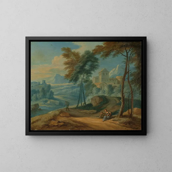 Landschap met Italiaanse bomen en figuren - Frans Boudewyns — ingelijst kunstwerk aan de muur