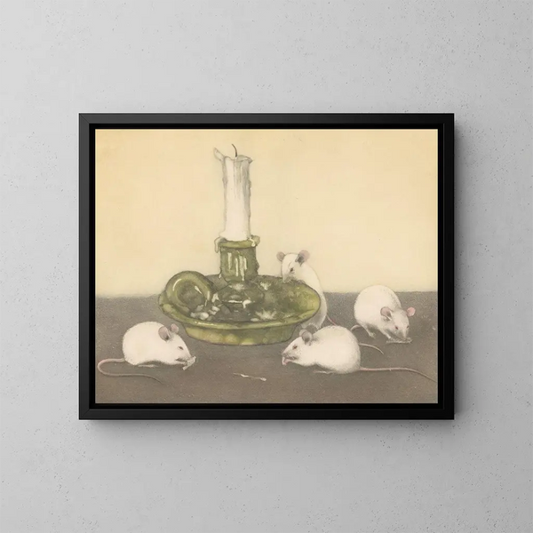 Four mice near a chandelier - Frans Everbag — framed artwork on a wall