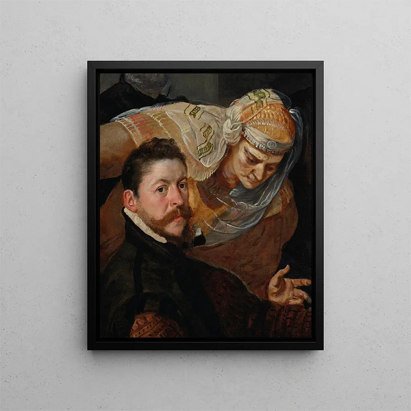Portrait of an artist sitting with a woman leaning on his shoulder - Frans Floris — framed artwork on a wall