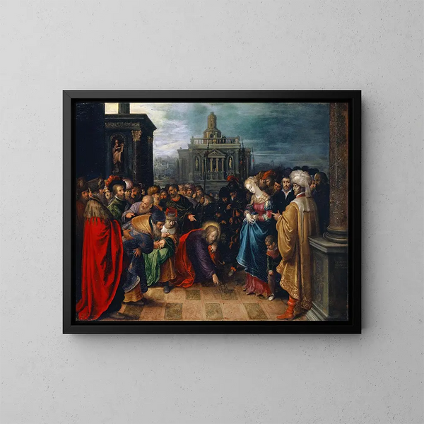 The Christ and the Adulteress - Frans Francken the Younger — framed artwork on a wall