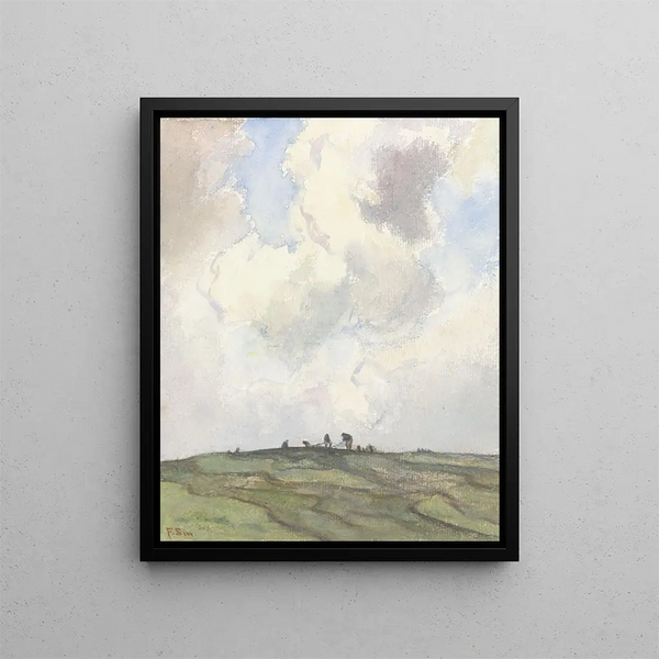 Fabrication de filets sur un champ herbeux derrière les dunes - Frans Smissaert — framed artwork on a wall