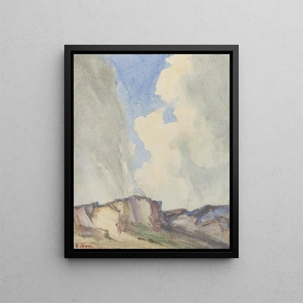 Landscape painting of dunes with sand excavation under a stormy sky - Frans Smissaert — framed artwork on a wall