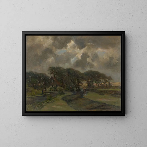 House near a tree and women with fishing nets - Frans Smissaert — framed artwork on a wall