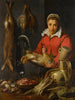 van een handelaar die een haan vasthoudt met wild, asperges, artisjokken, keukengerei en een kom bosbessen - Frans Snyders — weergave van het kunstwerk