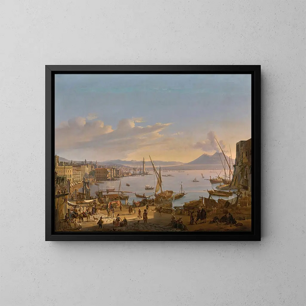 View of Naples with the lighthouse and Vesuvius in the distance - Frans Vervloet — framed artwork on a wall