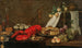 Een kreeft, oesters, een gebakje, gemengde vruchten en glazen wijn op een gedeeltelijk bedekte tafel - Frans Ykens — weergave van het kunstwerk