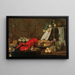 Een kreeft, oesters, een gebakje, gemengde vruchten en glazen wijn op een gedeeltelijk bedekte tafel - Frans Ykens — ingelijst kunstwerk aan de muur