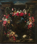 Garland of flowers, fruits and vegetables surrounding a landscape with a river god - Frans Ykens — artwork view