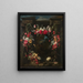 Garland of flowers, fruits and vegetables surrounding a landscape with a river god - Frans Ykens — framed artwork on a wall