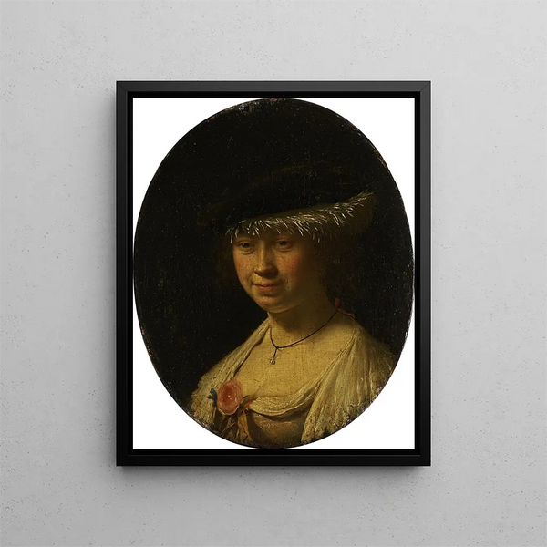 Portrait of a Woman with a Cap - Frans van Mieris the Elder — framed artwork on a wall