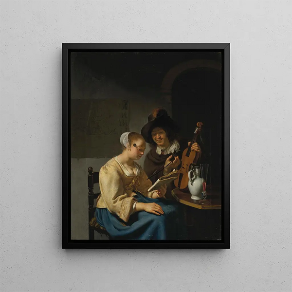 The Music Lesson - Frans van Mieris the Elder — framed artwork on a wall