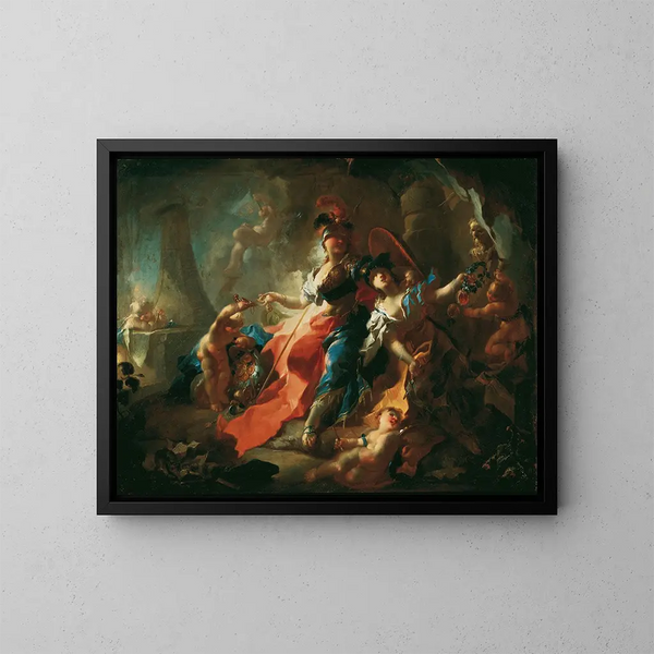 L'Academy with its attributes at Minerva's window - Franz Anton Maulbertsch — framed artwork on a wall